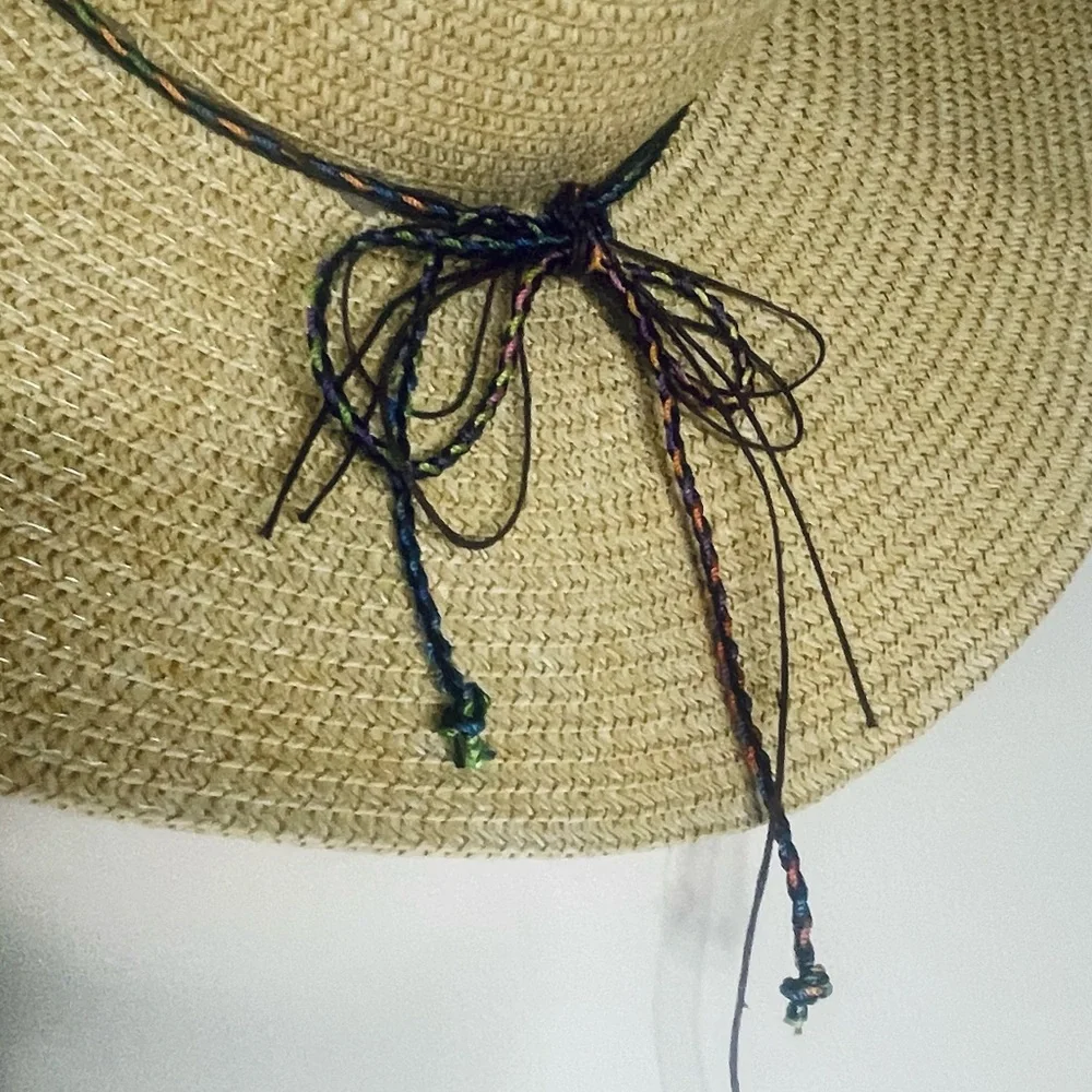 Bohemian Large straw hat with beading detailing with chin strap and bow tie